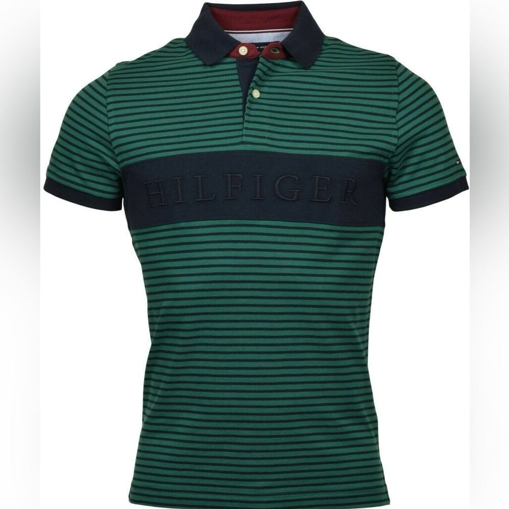 Tommy Hilfiger Men's Slim Fit‎ Essential Stripe Polo Green and Blue